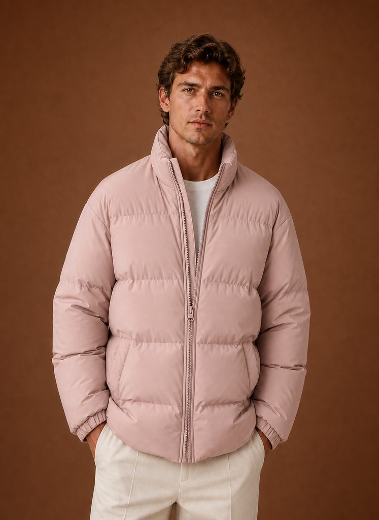 Front view of men's puffer jacket on a mannequin showing quilted panels and full-length zipper