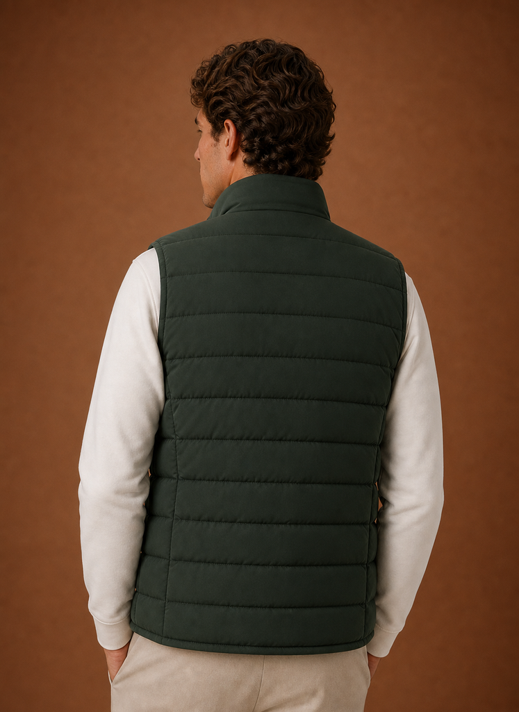 Back view of men's puffer vest showing horizontal quilting and clean lines