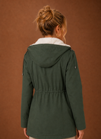 Back view of the long women's parka jacket with hood
