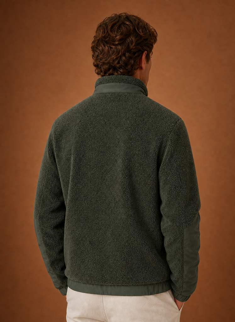 Back view of men's sherpa fleece winter coat on a hanger