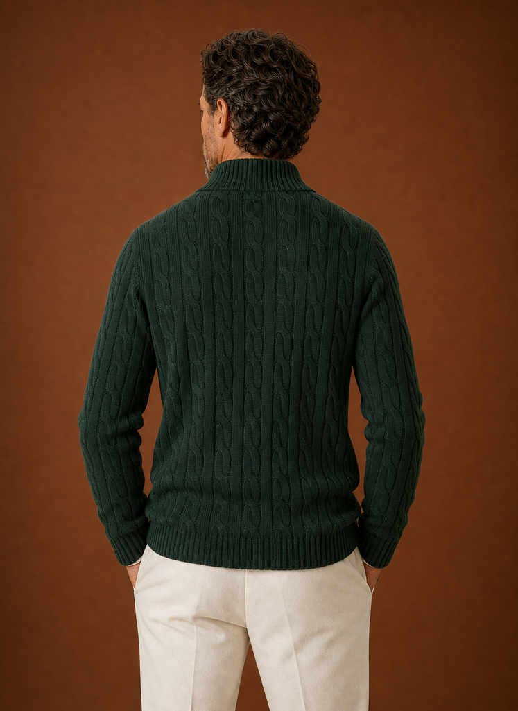 Back view of the men's cable knit quarter-zip sweater
