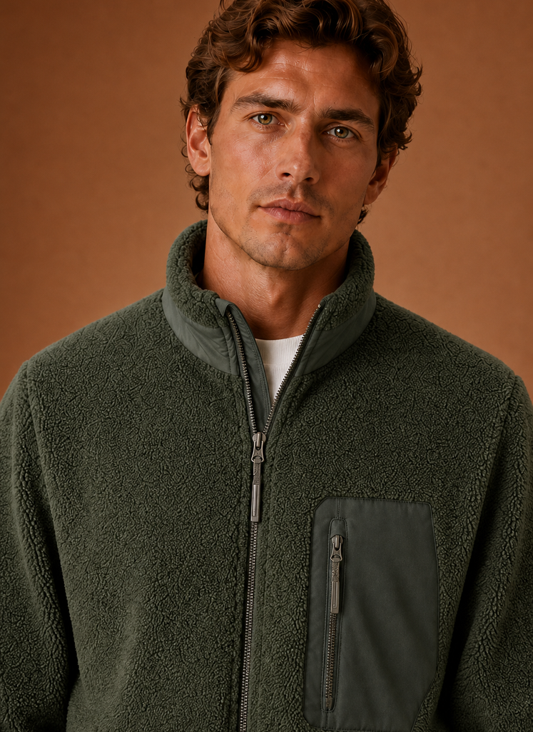Close-up of sherpa texture and full-zip closure detail