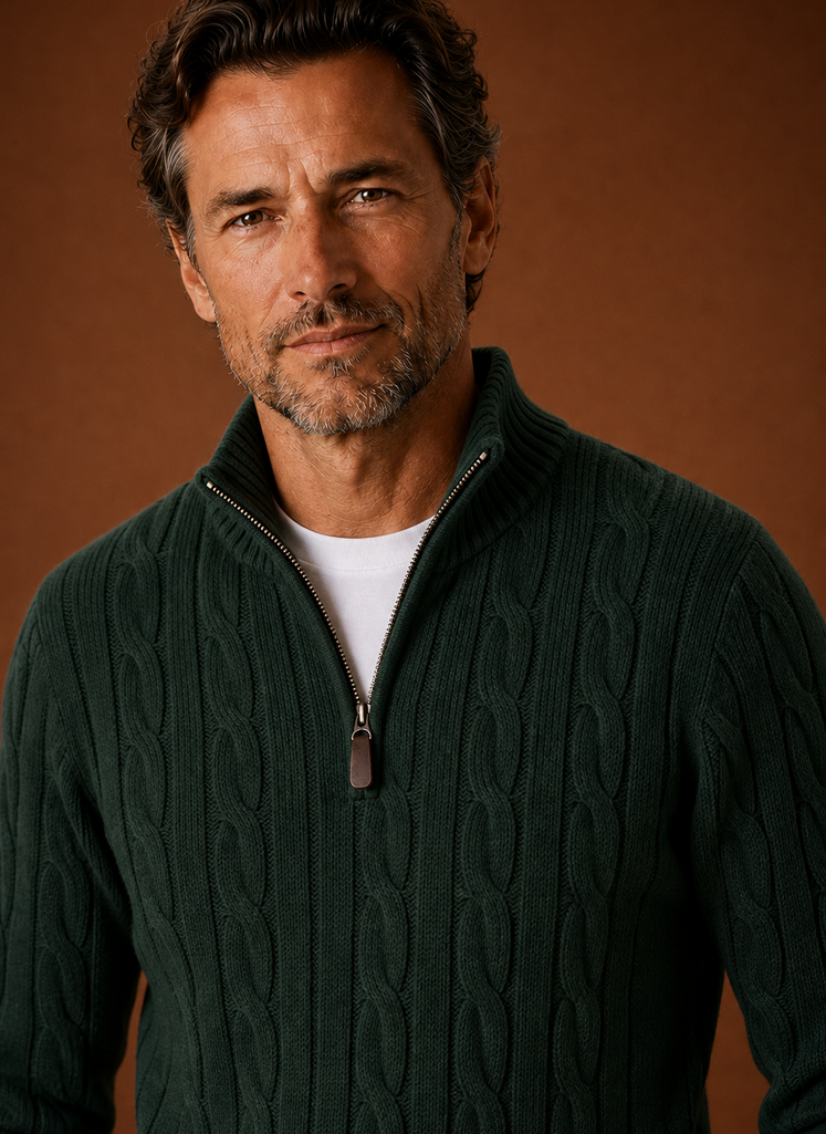 Close-up of the cable knit texture and quarter-zip pull at the mock neck