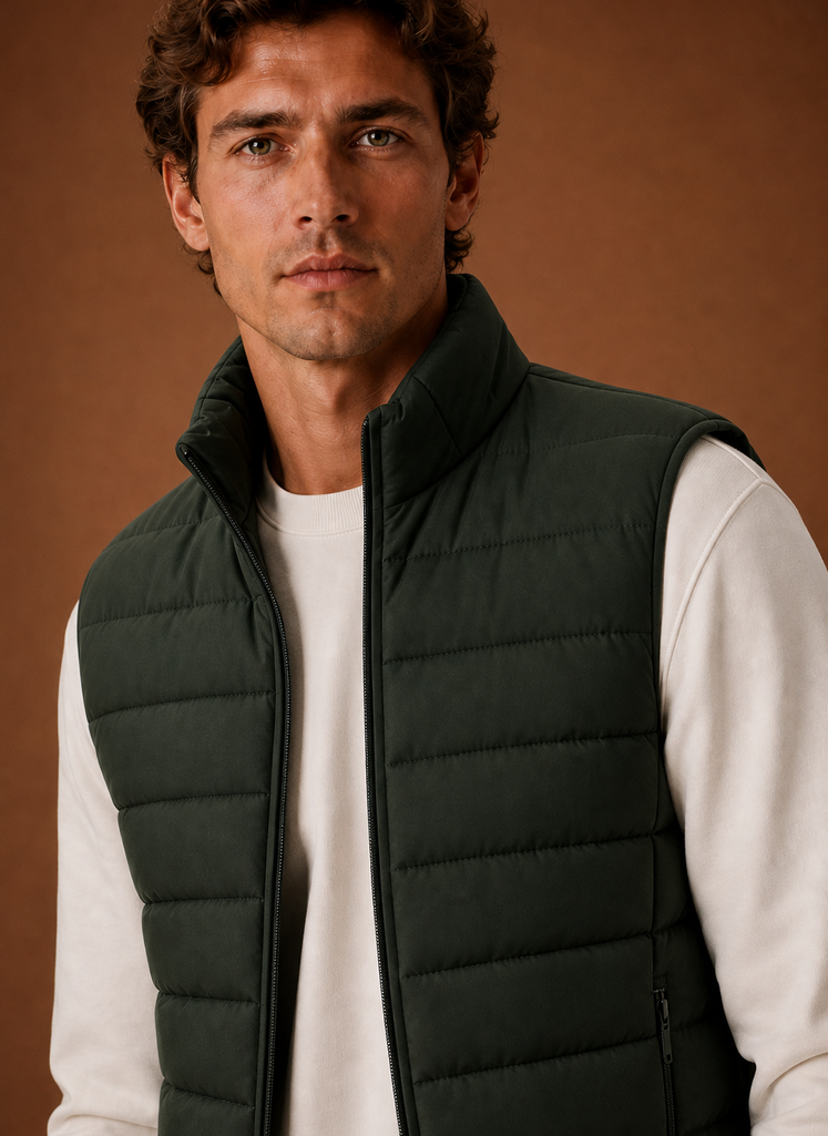 Close-up of the quilted stitching and texture on the men's lightweight puffer vest
