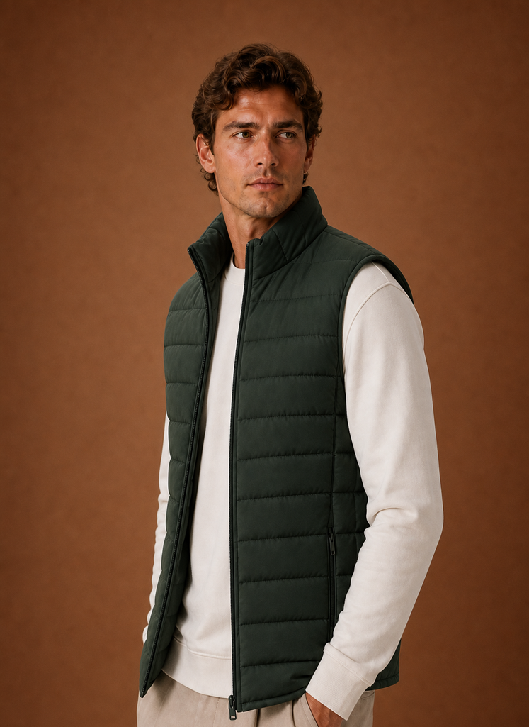 Side profile of men's sleeveless quilted gilet showing a streamlined silhouette