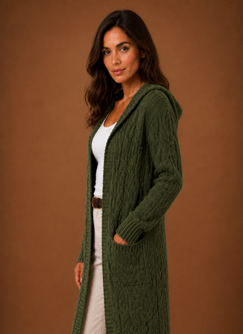 Cable Knit Cardigan for Women - Hooded Long | Areleon