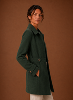 Side view of Areleon women's trench coat showing mid-length hem and long sleeve profile