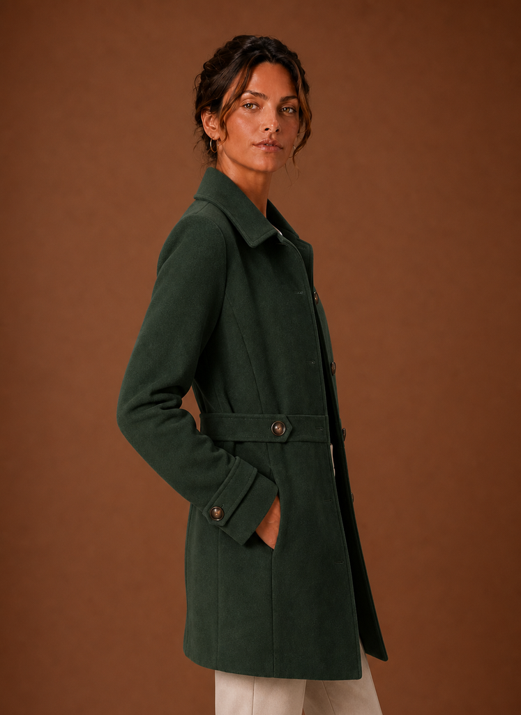 Side view of Areleon women's trench coat showing mid-length hem and long sleeve profile