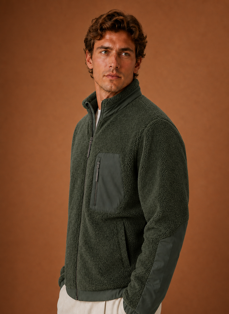 Side profile of men's sherpa jacket showing the silhouette and sleeve shape