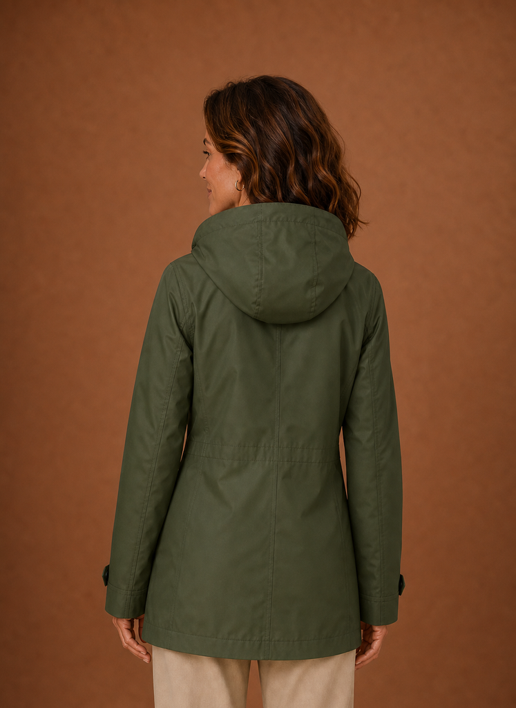 Back view of women's hooded trench coat showing hood and clean back seam