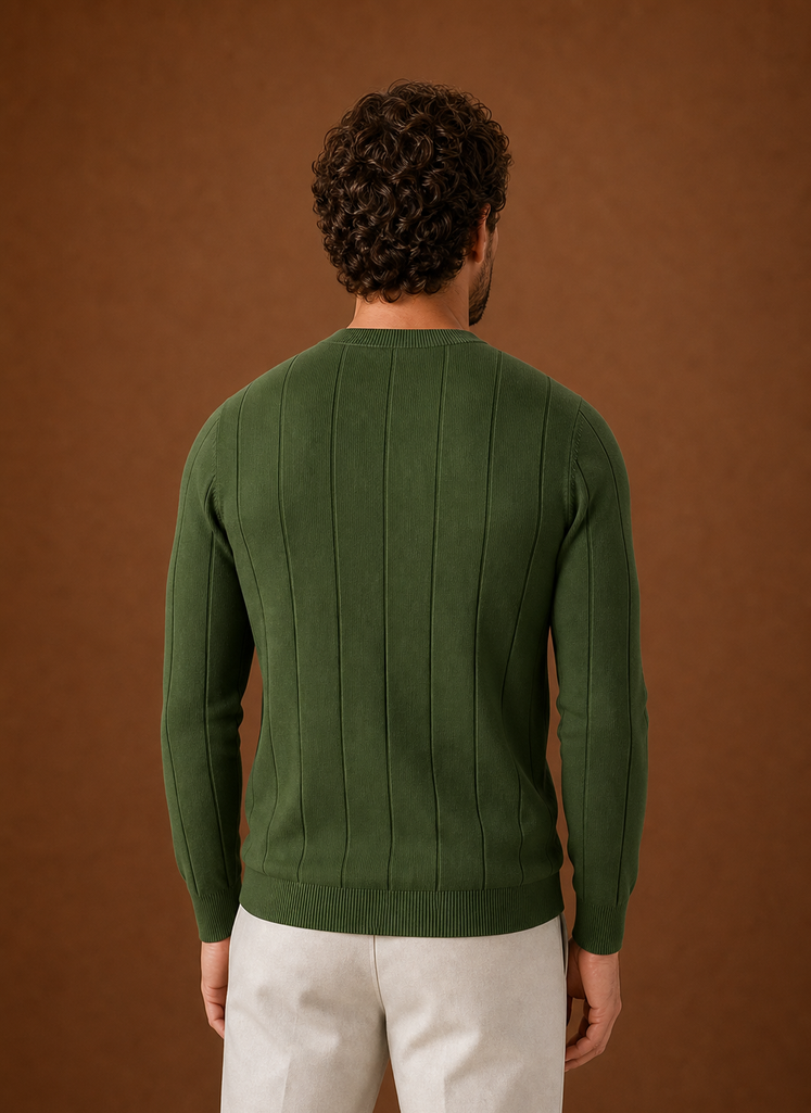 Back view of crew neck sweater in black highlighting ribbed hem