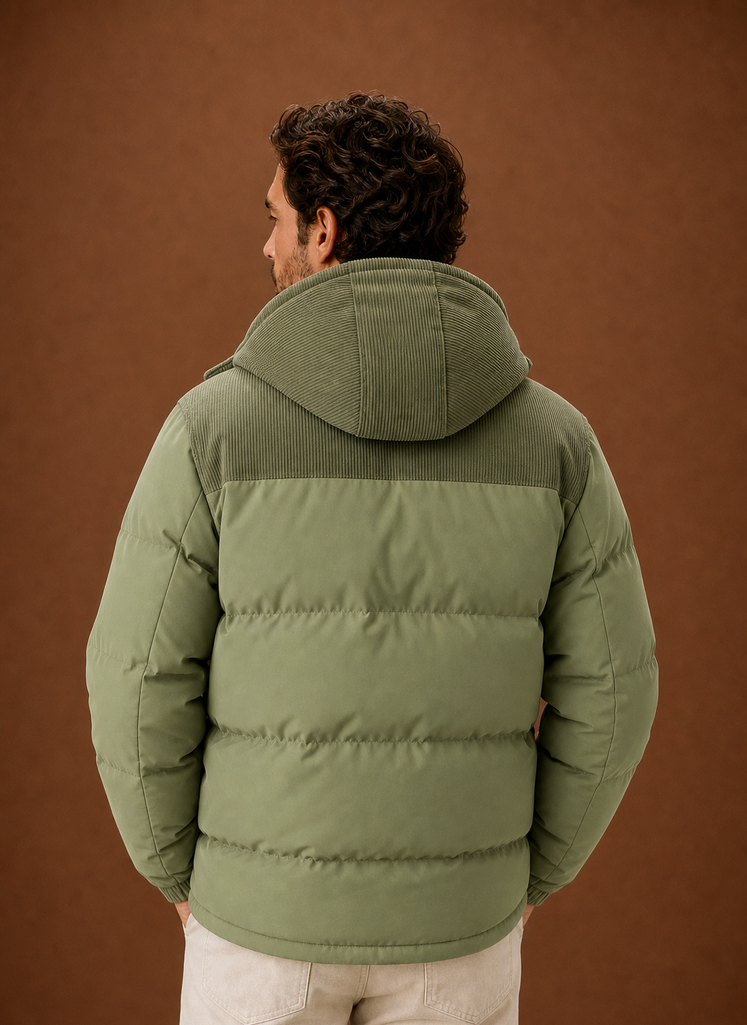 Men's Hooded Winter Puffer Jacket with Corduroy Collar | Areleon