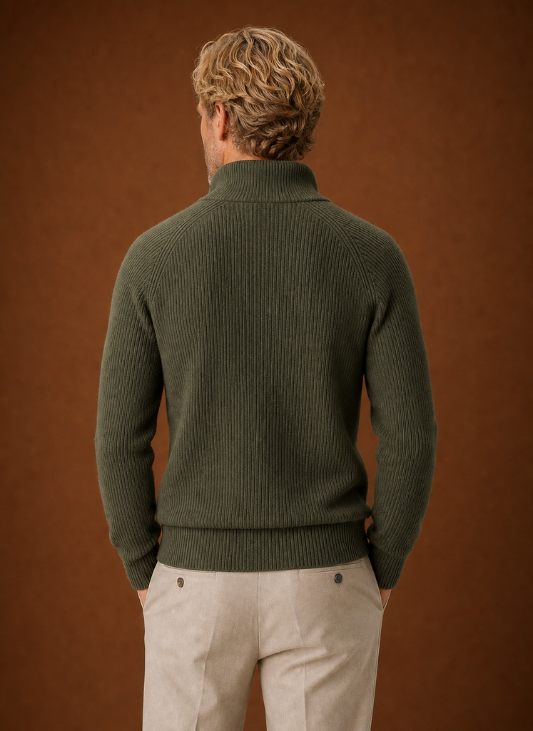 Rear view of the Areleon men's full-zip ribbed knit cardigan