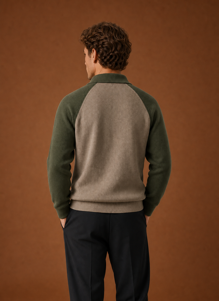 Back view of men's half-zip knit sweater showing clean silhouette