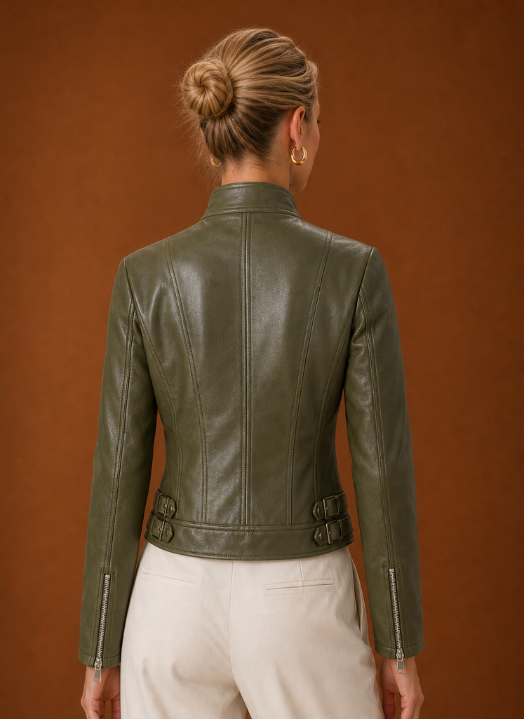 Back view of women's moto jacket showing smooth lines and a neat hem