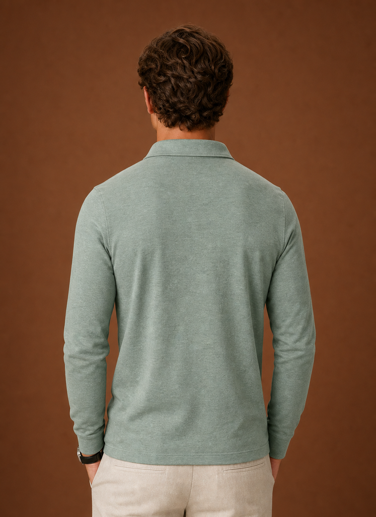 Back view of men's polo shirt showing clean back panel and collar in black