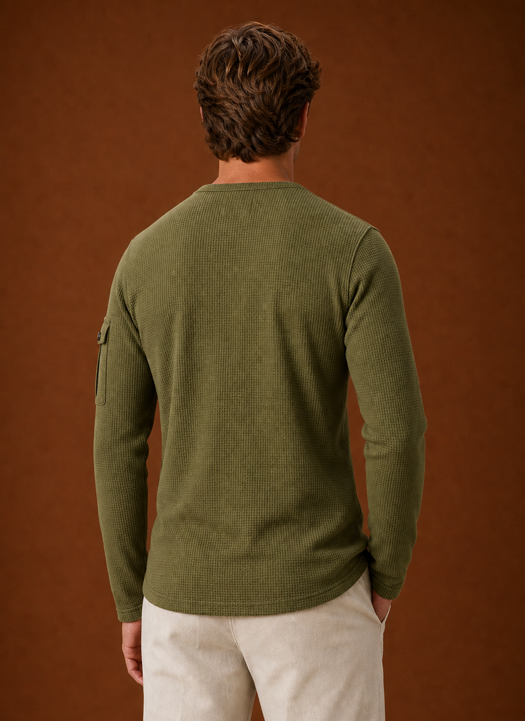 Back view of the Henley shirt showing full back silhouette