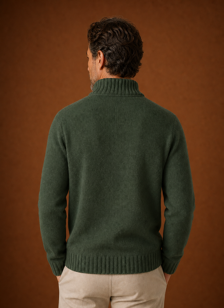 Back view of Areleon men's half-zip knit sweater on a mannequin