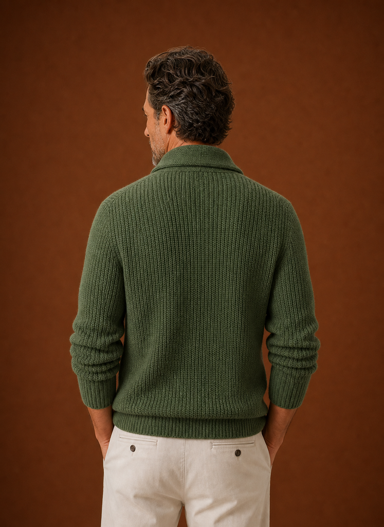 Back view of men's shawl collar cardigan showing the collar and straight hem