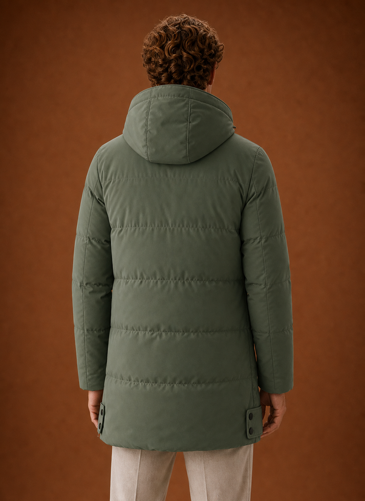 Back view of men's hooded puffer parka jacket showing the hood and puffer construction