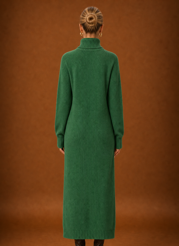 Back view of ribbed knit maxi sweater dress with high turtleneck