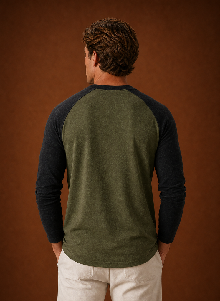 Back view of Areleon men's Henley shirt with smooth back panel