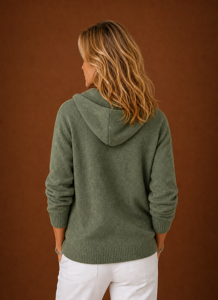 Back view of Areleon women's hooded button-up cardigan showing the hood