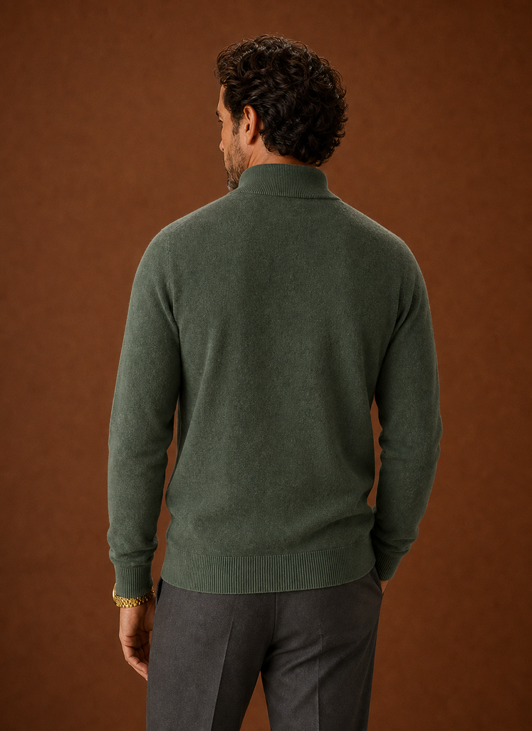 Back view of the mock neck sweater showing a clean hem and fit