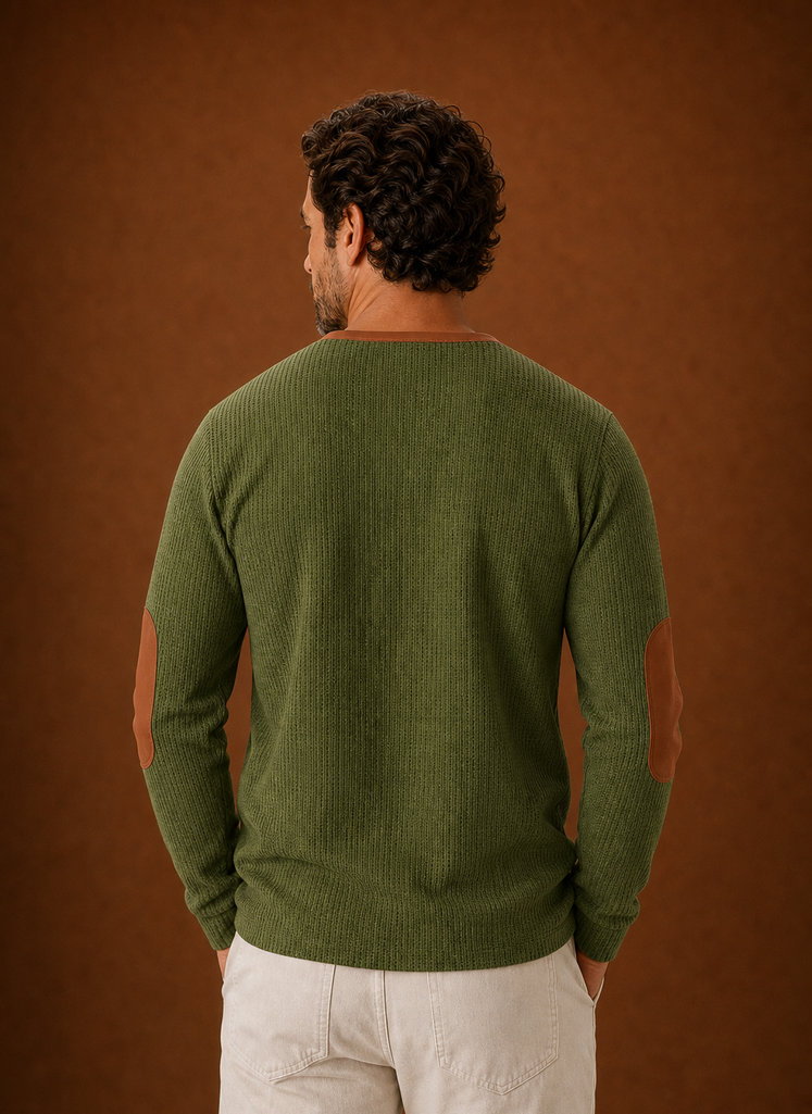 Back view of men's waffle-knit Henley long-sleeve shirt