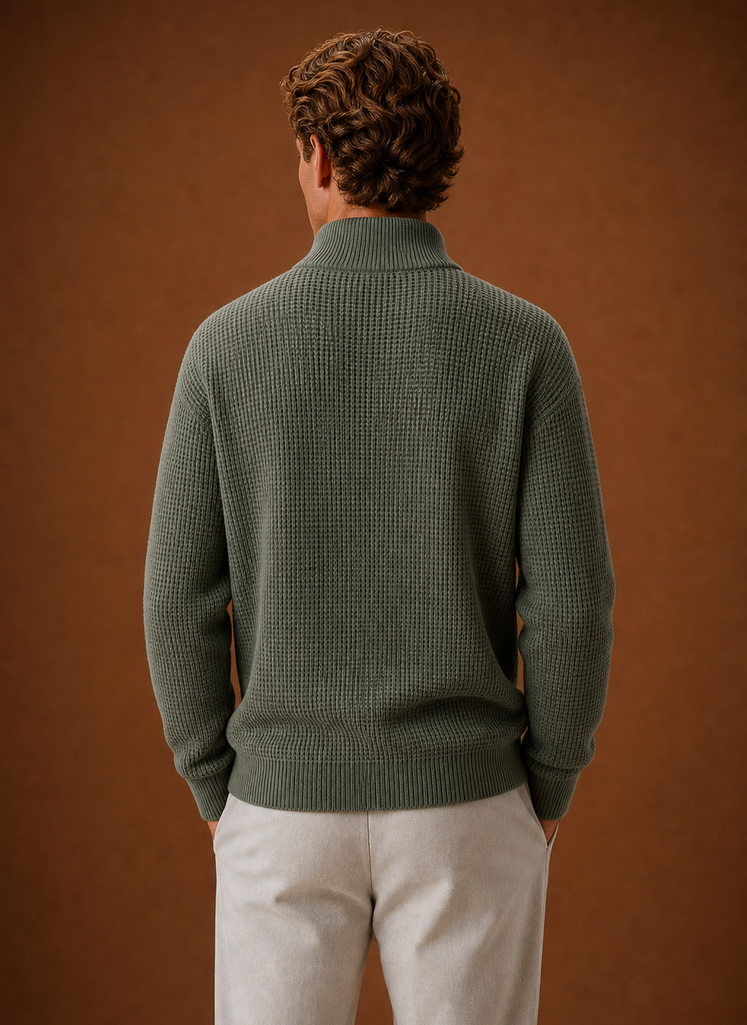 Back view of Areleon men's knit cardigan on a mannequin