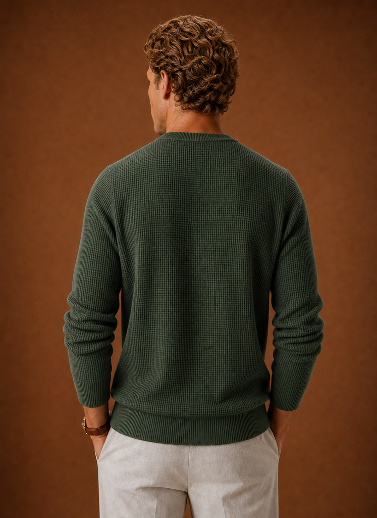 Back view of Areleon men's waffle knit crew neck sweater highlighting straight hem and knit texture