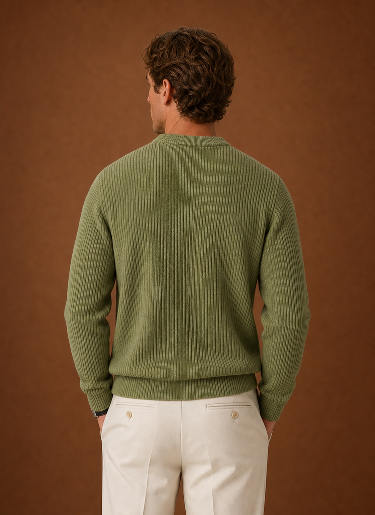 Back view of men's ribbed crew neck sweater with clean silhouette
