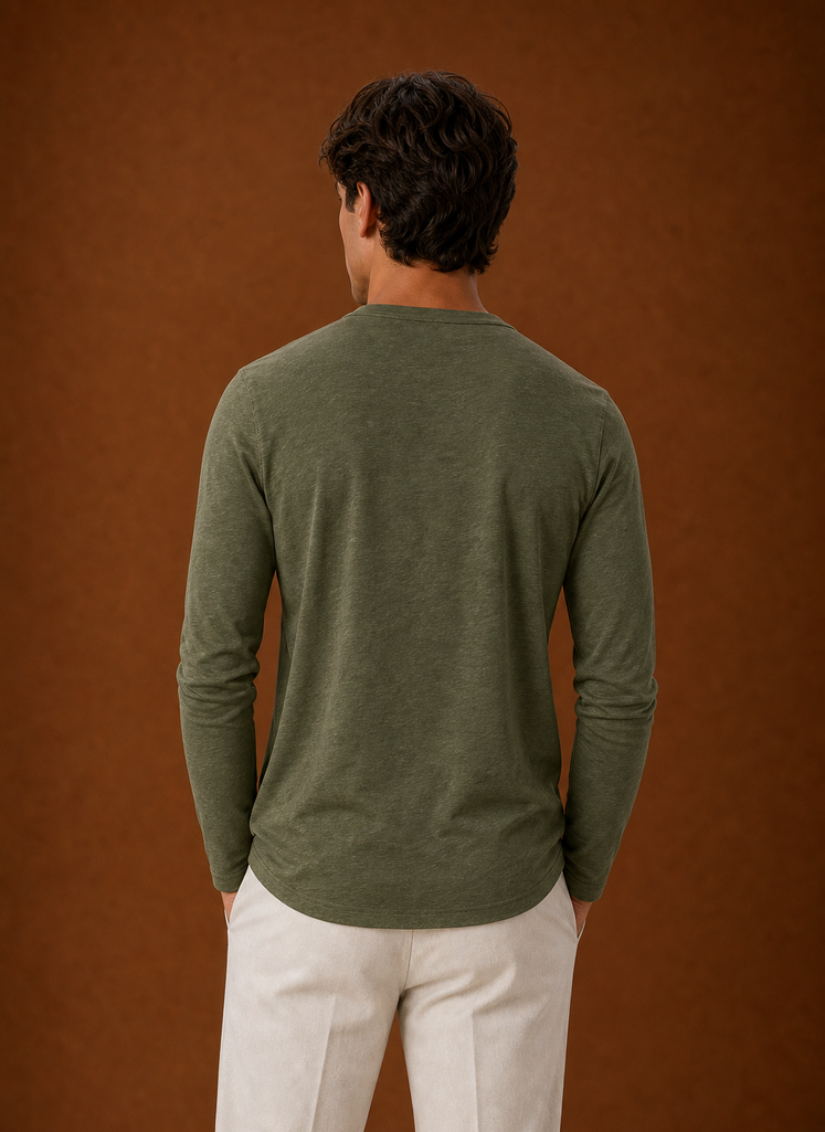 Back view of the men's Henley shirt with a clean, unadorned back panel