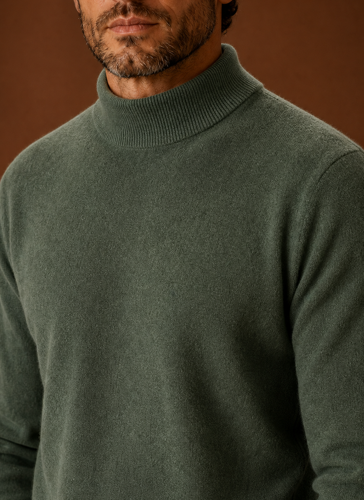 Close-up of the mock neckline and knit detail on the Areleon sweater