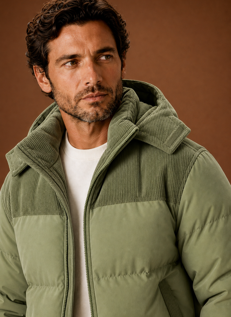Men's Hooded Winter Puffer Jacket with Corduroy Collar | Areleon