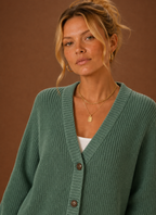 Close-up of button-front detail and V-neckline on the women's knit cardigan