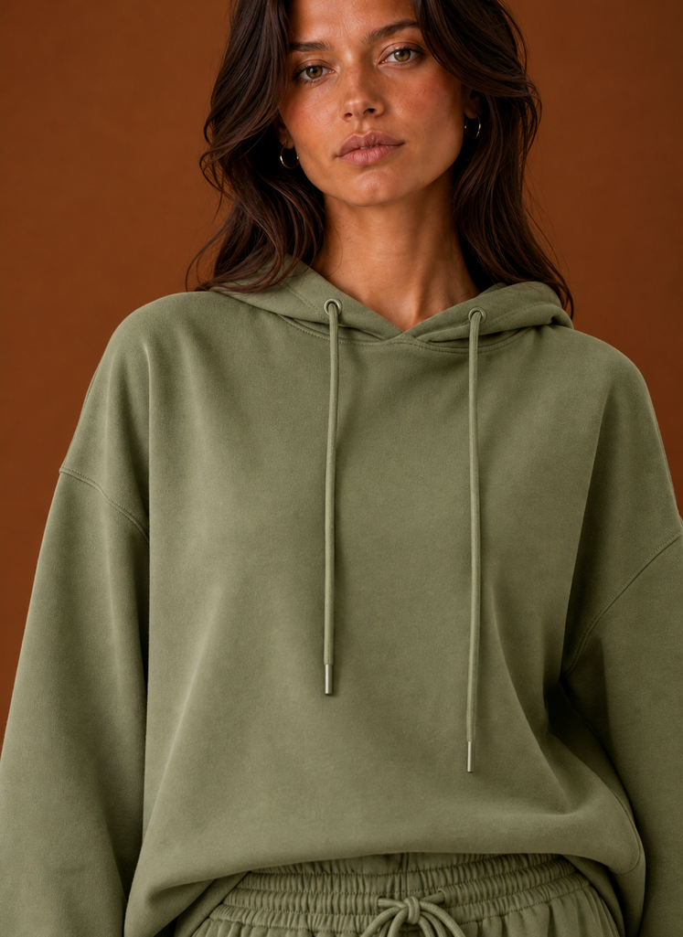 Close-up of the sweatsuit fabric and stitch detailing on the sweatshirt and pant waistband area