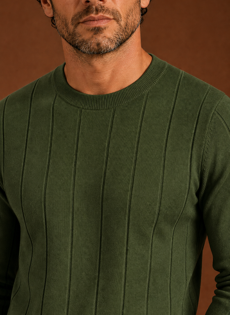 Close-up of ribbed collar and cuff details on the crew neck sweater