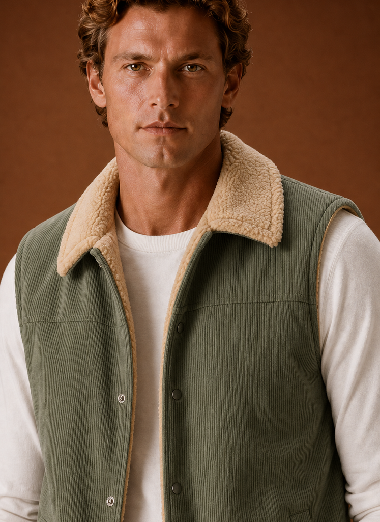 Close-up of sherpa lining and corduroy texture with visible stitching and pocket detail