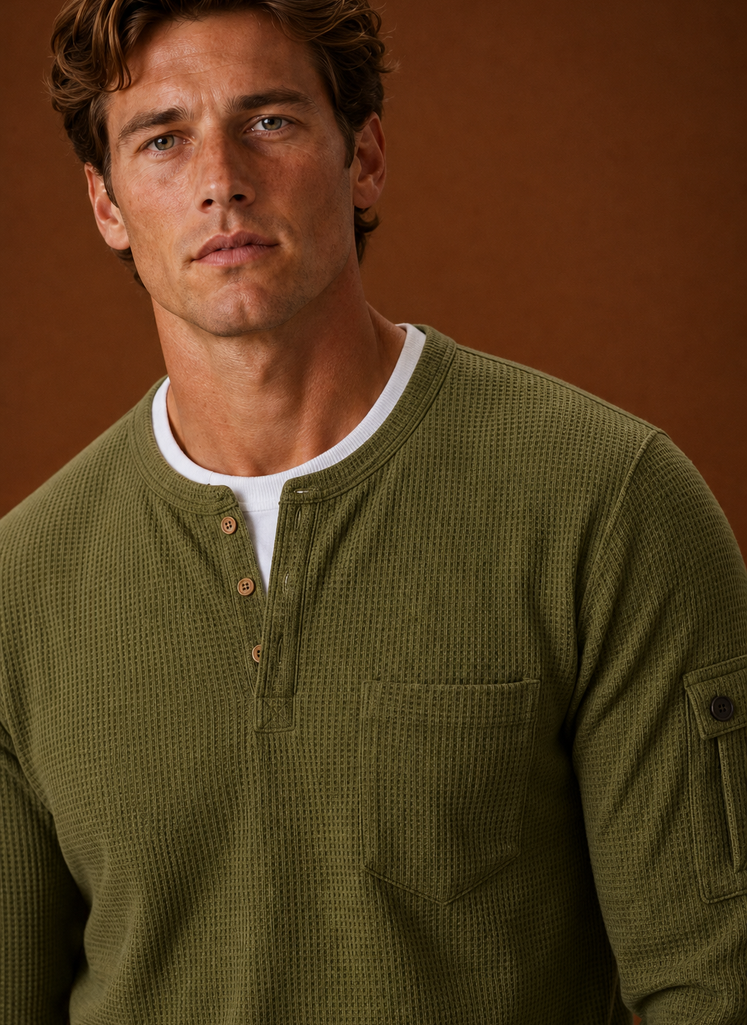 Close-up of the Henley shirt's button-placket and neckline detailing