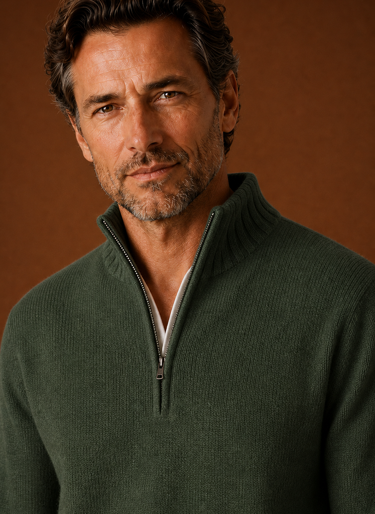 Close-up of Areleon men's half-zip knit sweater showing knit texture and zipper