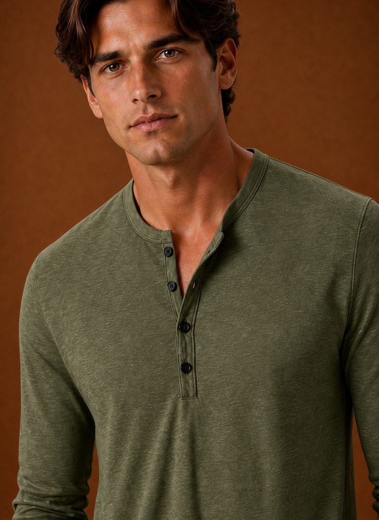 Close-up of the Henley shirt's button placket and neckline detailing