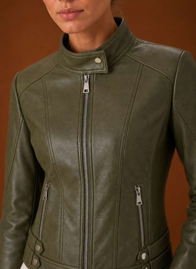 Close-up of jacket collar and seam detailing showing refined construction and finish