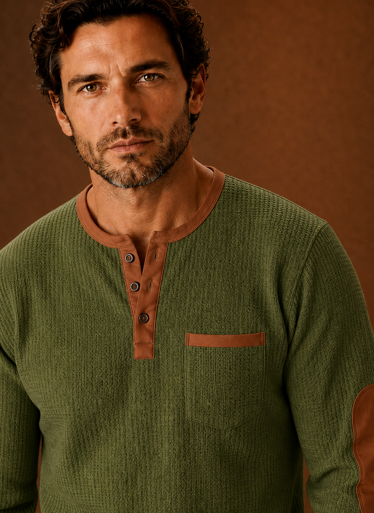 Close-up of waffle knit texture and Henley button placket on the shirt