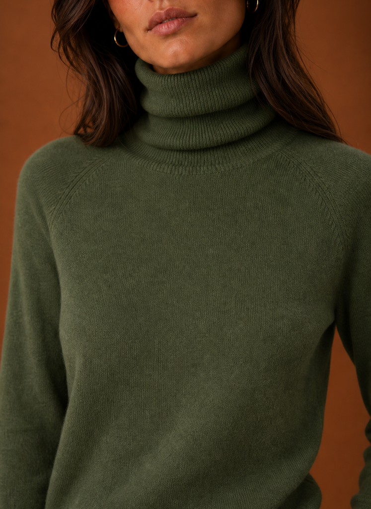 Close-up of the turtleneck collar and knit texture of the sweater