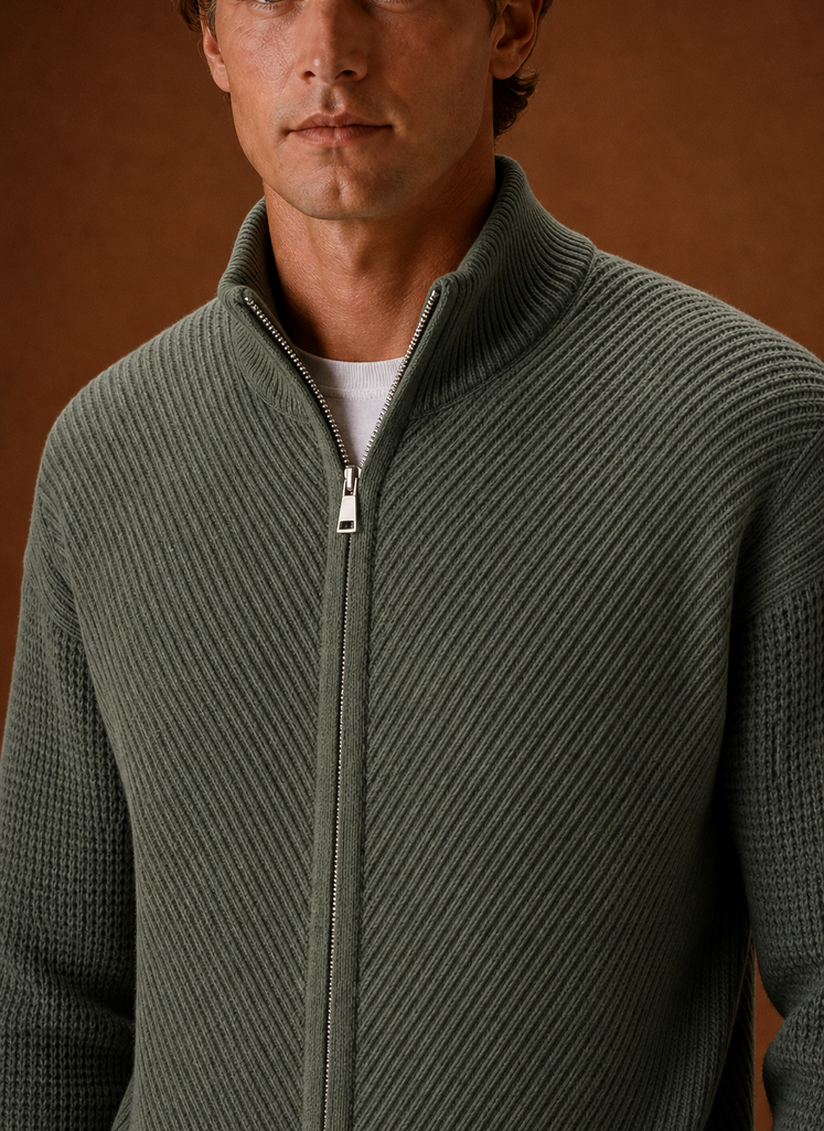 Close-up of the zipper and knit texture on the Areleon men's cardigan