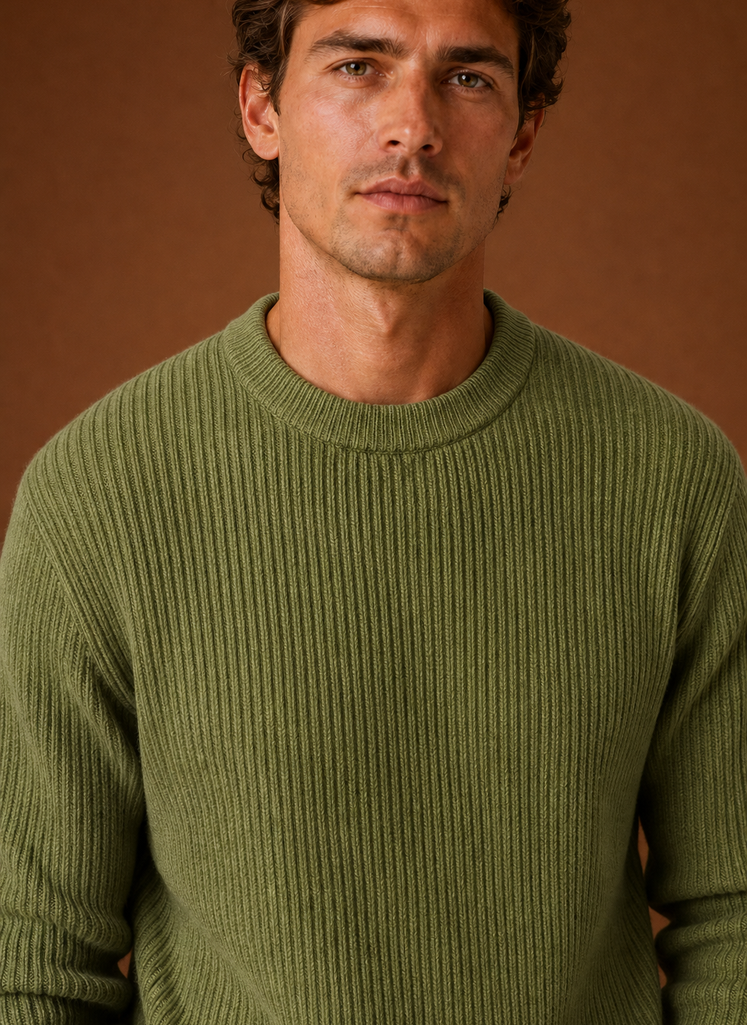 Close-up of ribbed knit texture and crew neckline detail