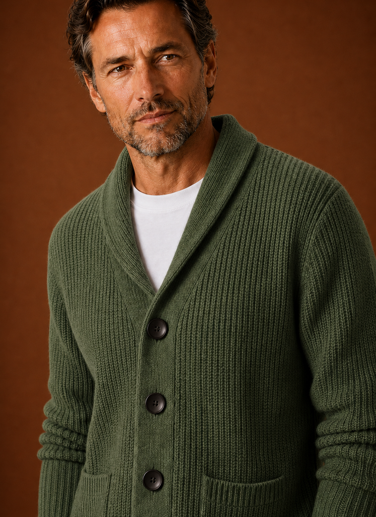 Close-up of the shawl collar and neckline detail