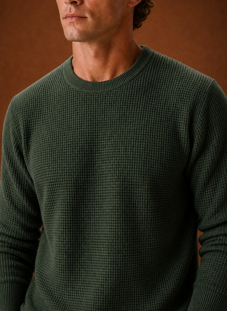 Close-up of waffle knit texture and crew neckline detail on Areleon men's sweater