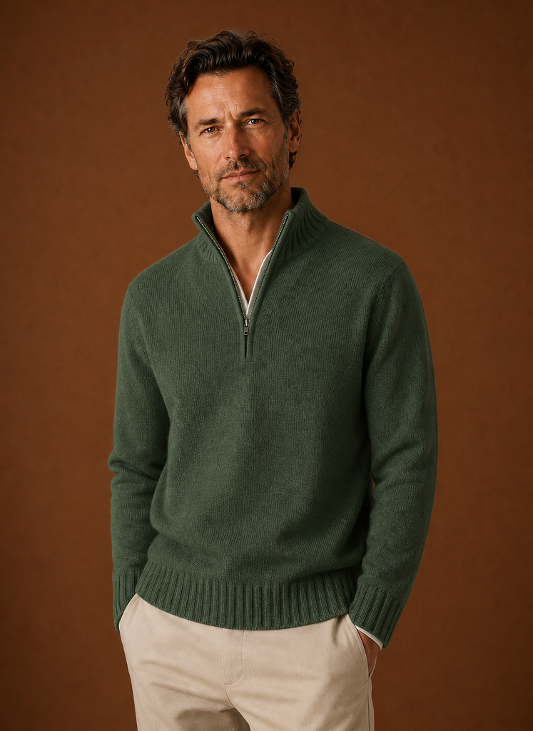 Front view of Areleon men's half-zip knit sweater on a mannequin